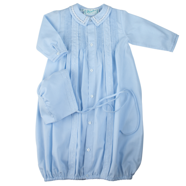 Boys Pintuck Yoke Take Me Home Gown with Bonnet - Blue/White