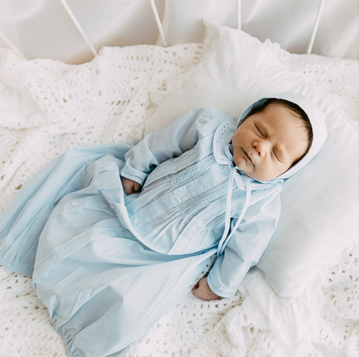 Boys Pintuck Yoke Take Me Home Gown with Bonnet - Blue/White