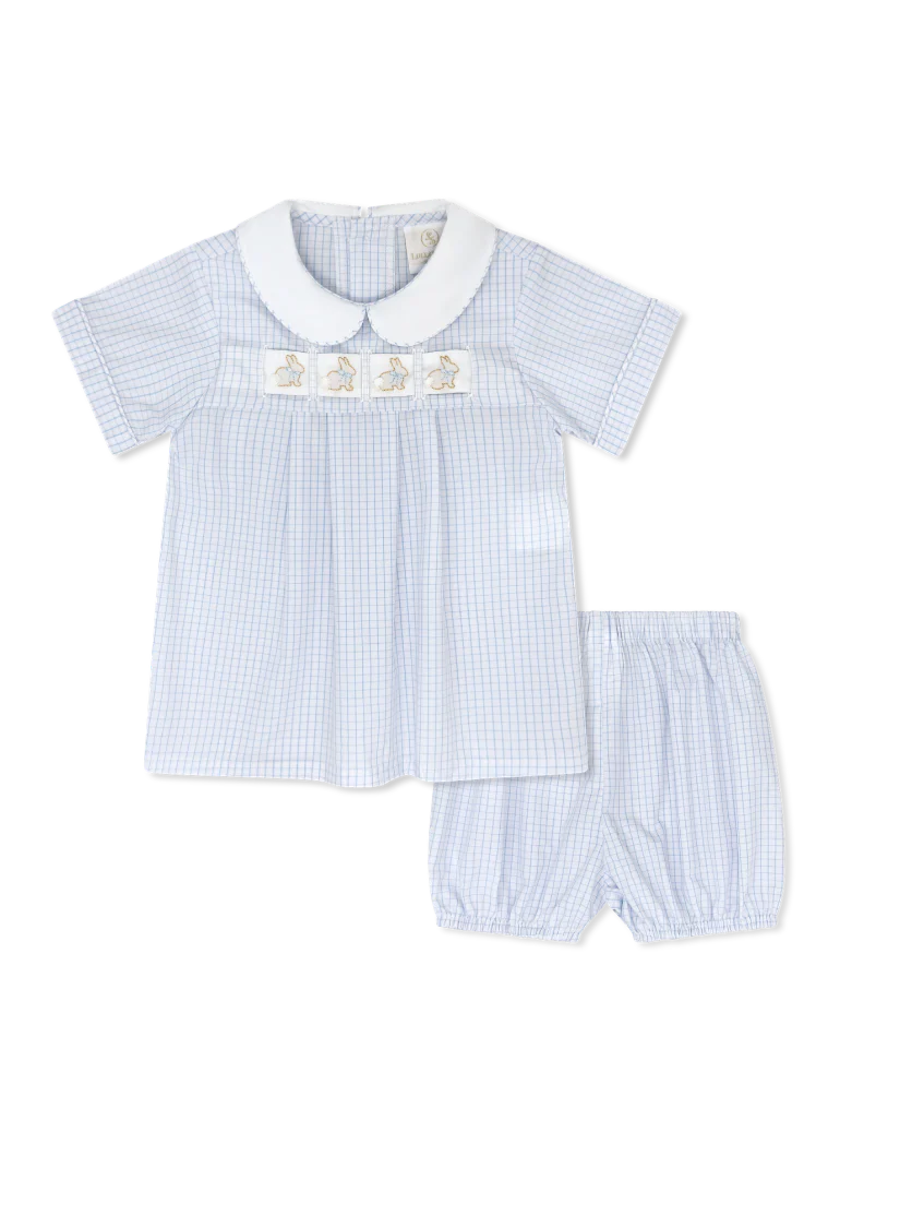 Noah Ribbon Bloomer Set - Classic Blue Windowpane - Heart, Bunny, Train