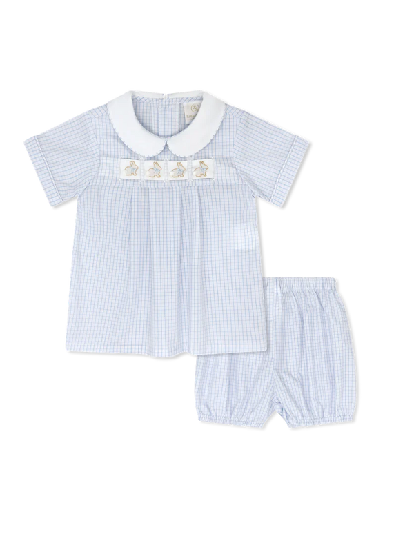Noah Ribbon Bloomer Set - Classic Blue Windowpane - Heart, Bunny, Train