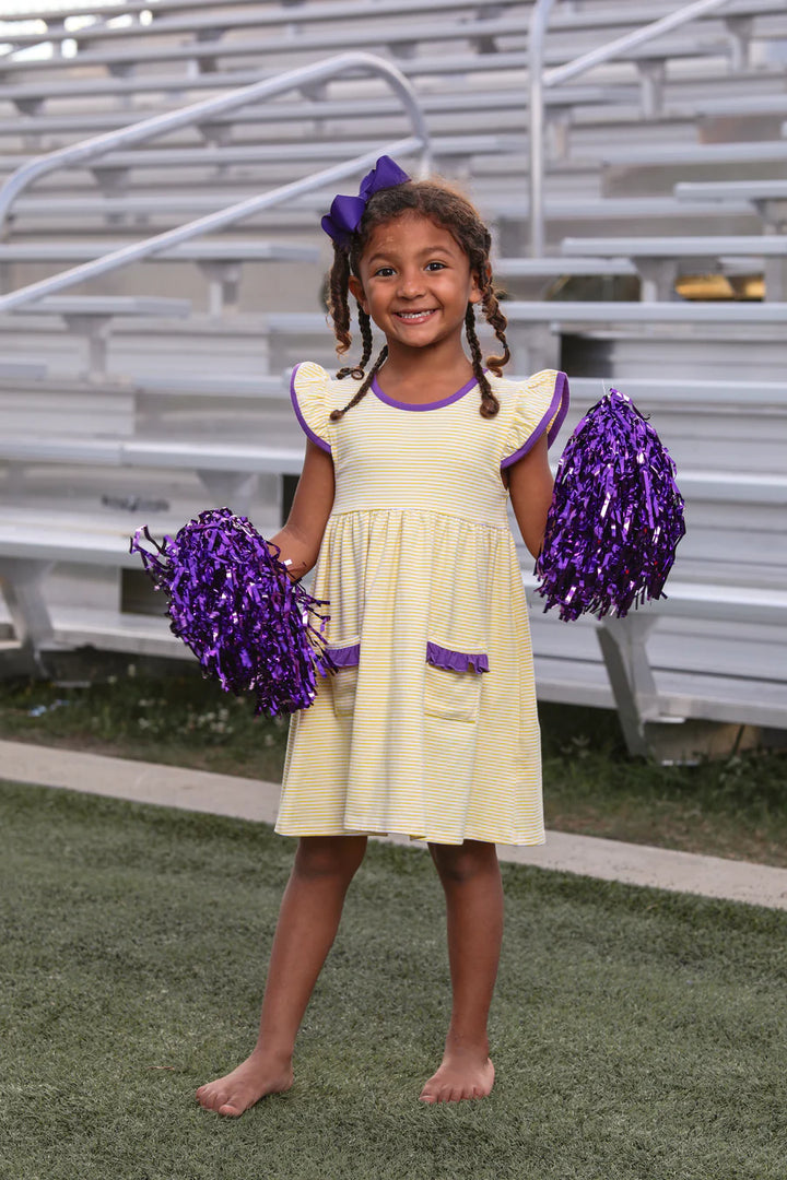 Lucy Game Day Dress- Yellow Stripe/Purple