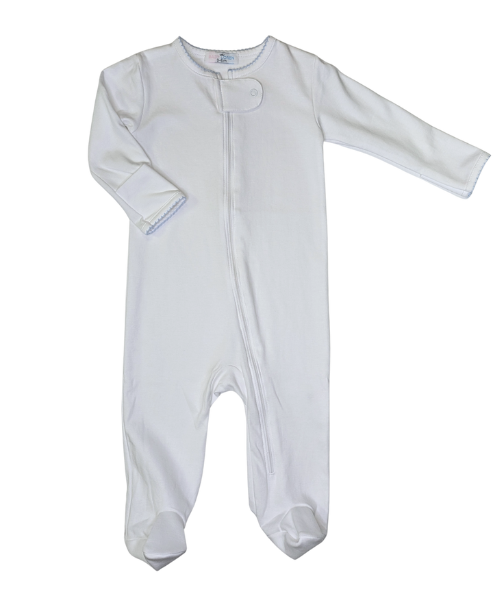 White Pima Zipper Footie-Blue Picot Trim