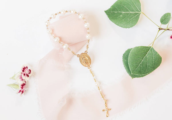 Gold-Plated Sterling Silver White Baby Rosary Baptism Gift