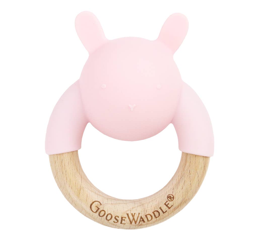 Rabbit Teethers: Wooden & Silicone Double Teether - Pink Rabbit