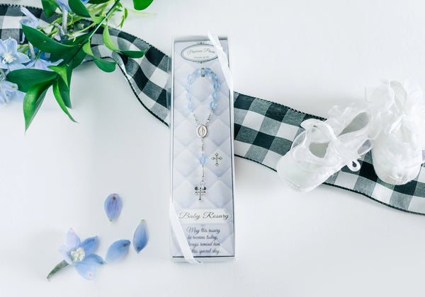 Sterling Silver Blue Baby Rosary Baptism Christening Gift