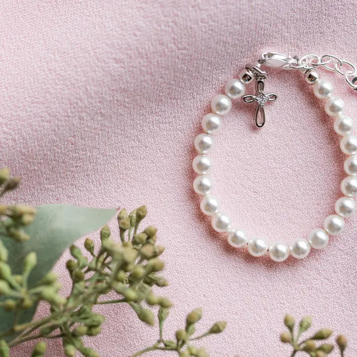 Girls Silver Pearl Baby Baptism Bracelet, 1st Communion Gift - Lacey