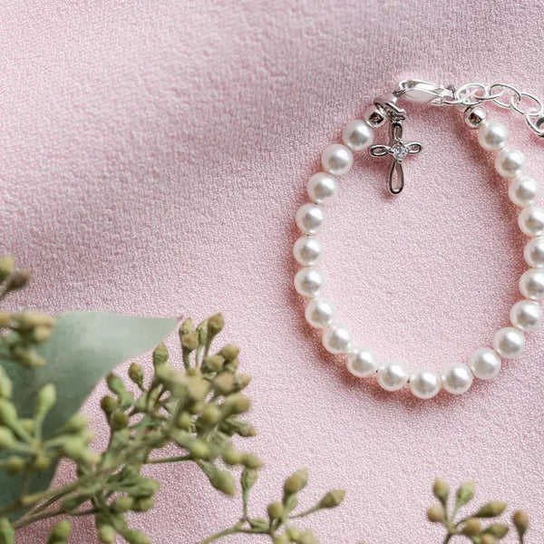 Girls Silver Pearl Baby Baptism Bracelet, 1st Communion Gift - Lacey