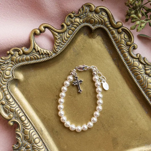 Girls Silver Pearl Cross Baby Baptism and Communion Bracelet - Olivia