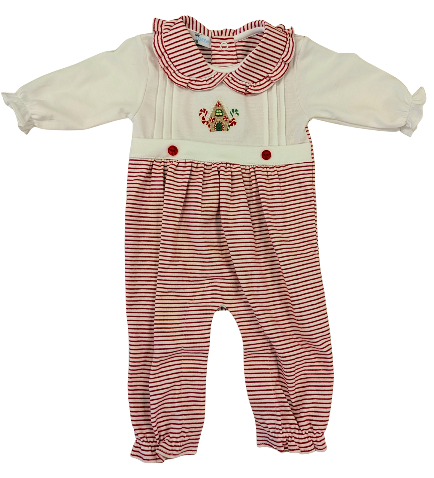Red Gingerbread House Hand Embroidered Romper
