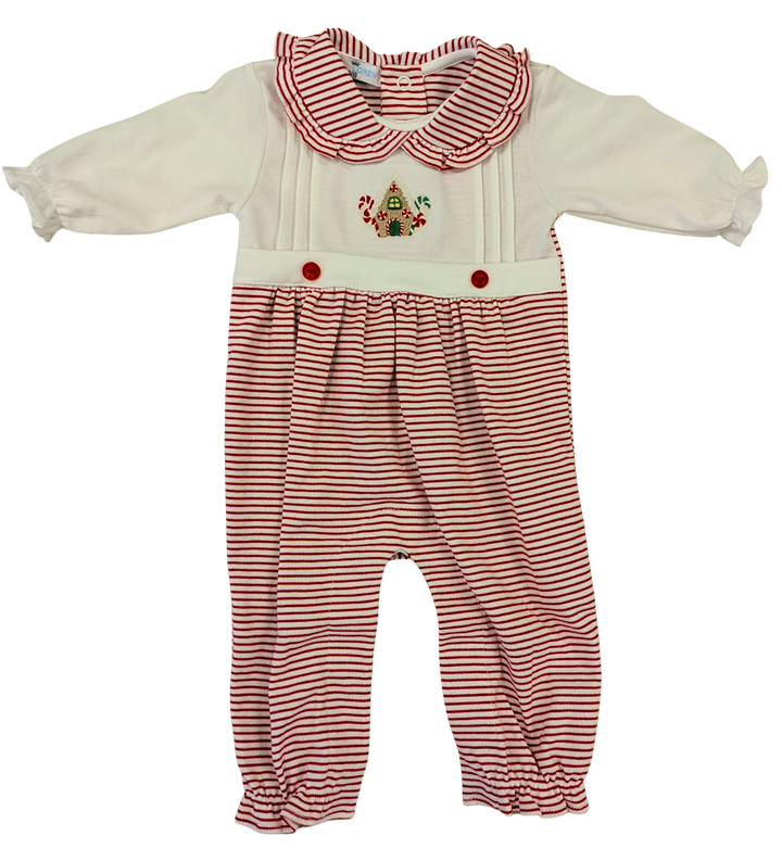 Red Gingerbread House Hand Embroidered Romper