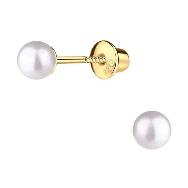 14K Gold-Plated White Pearl Earrings with Screw Backs