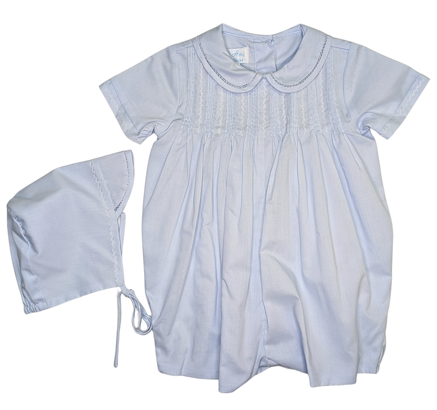 Blue Romper w/ Hat - Feather Stitch & Pintucks
