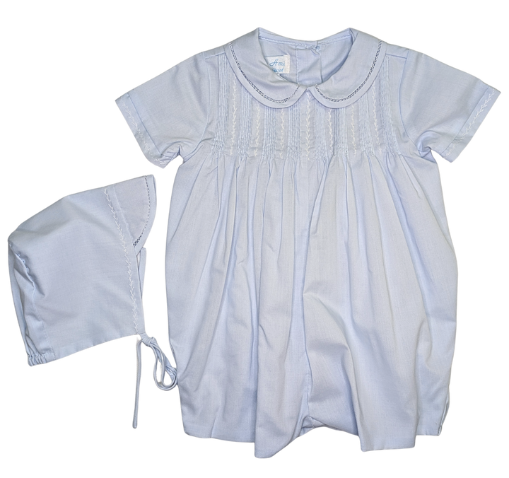 Blue Romper w/ Hat - Feather Stitch & Pintucks