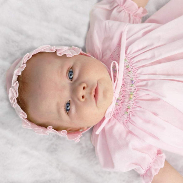White Smocked Daydress and Hat with Raglan Sleeves and Embroidered Hem