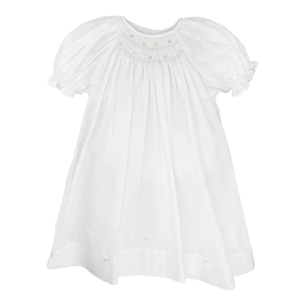 White Smocked Daydress and Hat with Raglan Sleeves and Embroidered Hem
