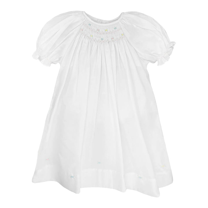 White Smocked Daydress with Raglan Sleeves and Embroidered Hem