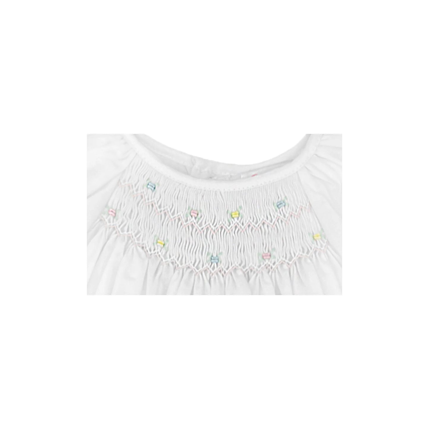 White Smocked Daydress and Hat with Raglan Sleeves and Embroidered Hem