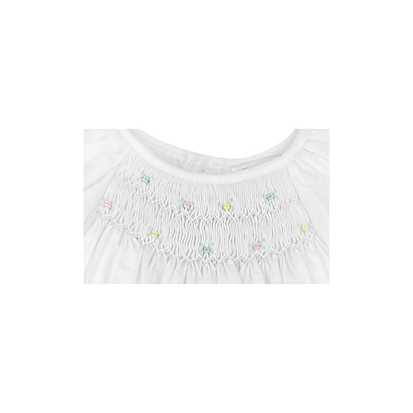 White Smocked Daydress and Hat with Raglan Sleeves and Embroidered Hem