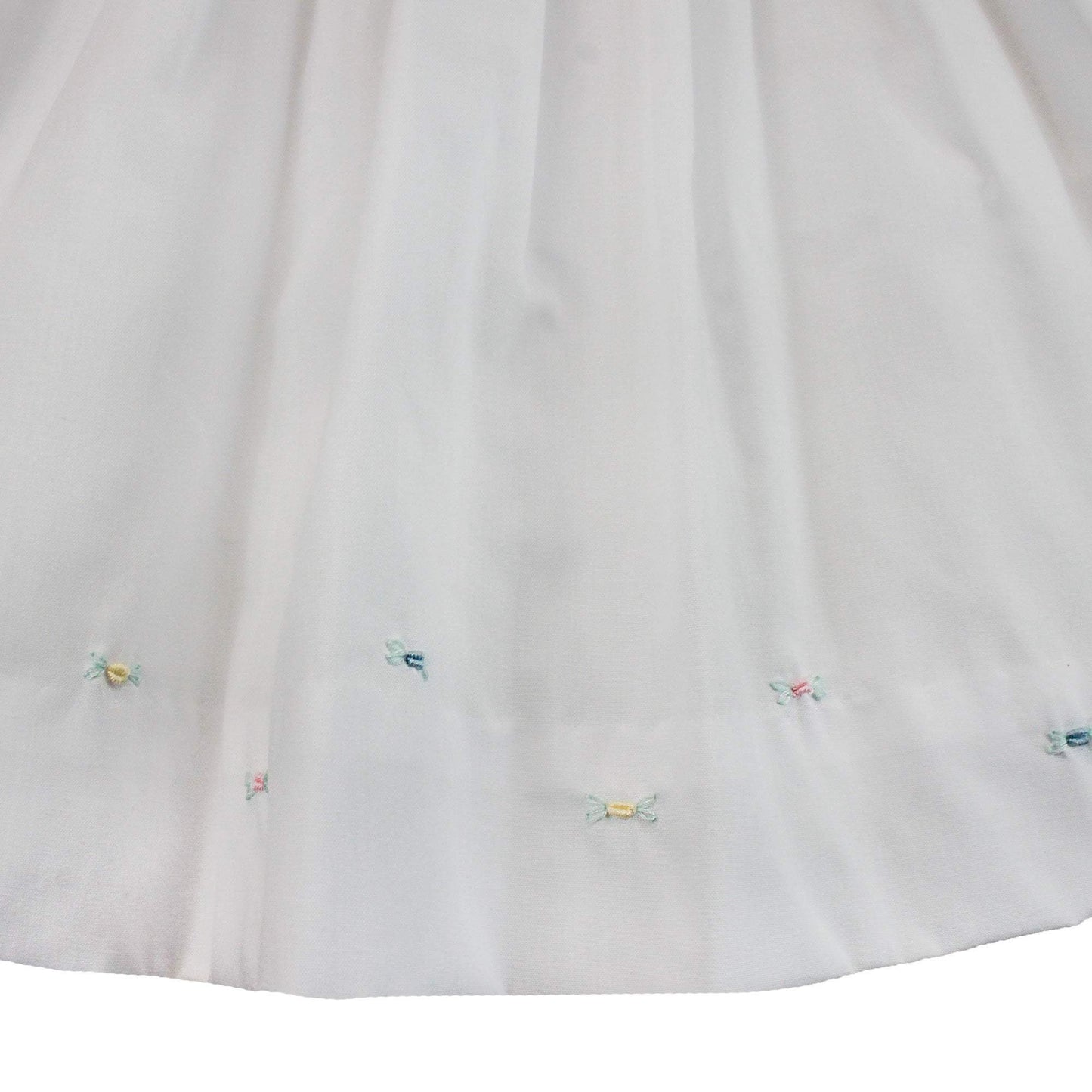 White Smocked Daydress and Hat with Raglan Sleeves and Embroidered Hem