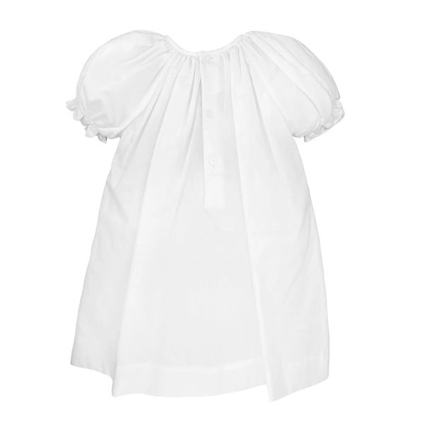White Smocked Daydress and Hat with Raglan Sleeves and Embroidered Hem