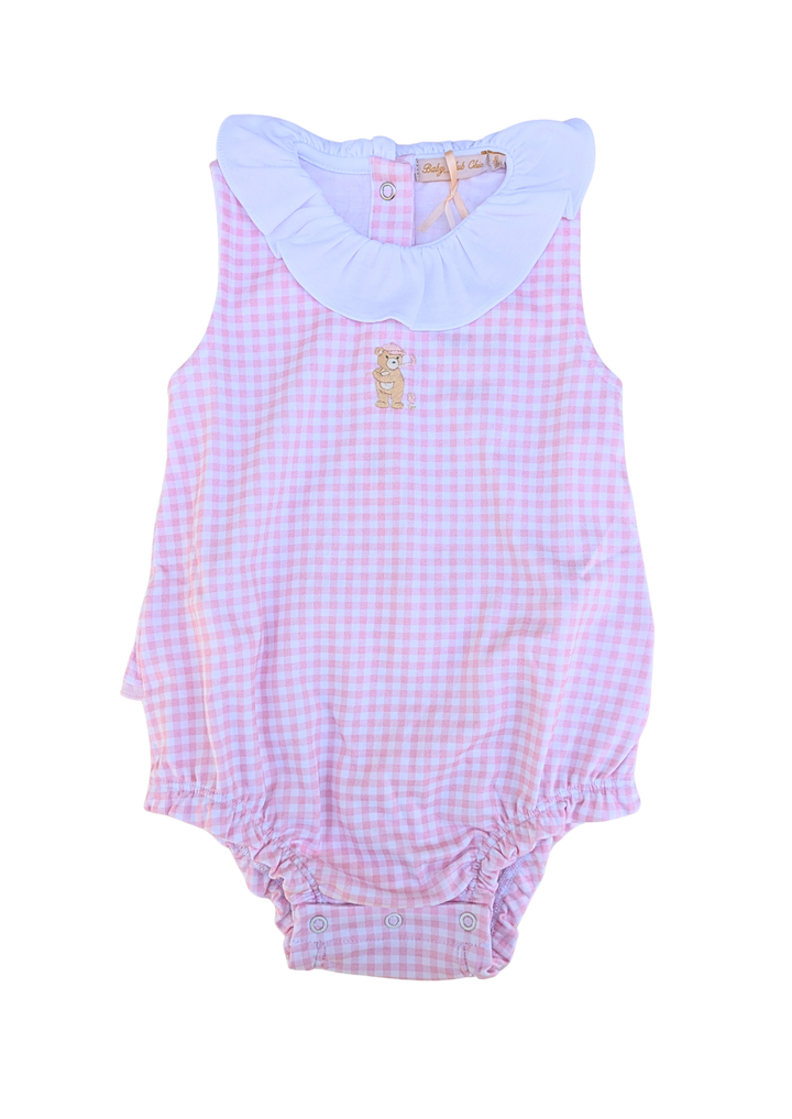 Golfing Bear - Pink Gingham Girl Bubble w/ Embroidery