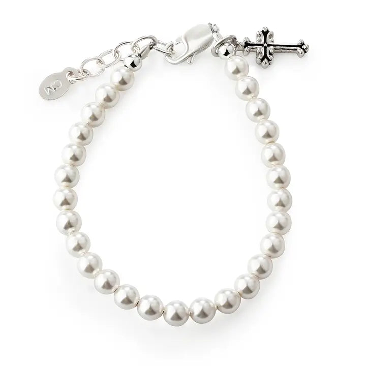 Girls Silver Pearl Cross Baby Baptism and Communion Bracelet - Olivia