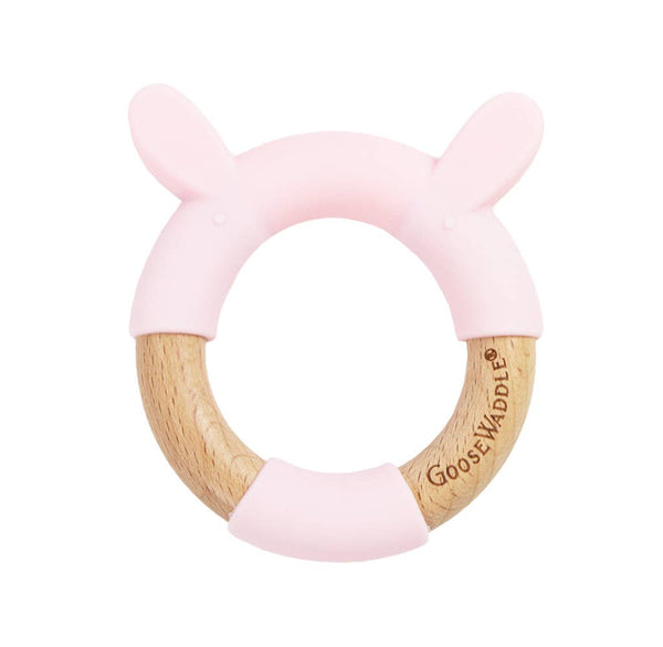 Rabbit Teethers: Wooden & Silicone Double Teether - Pink Rabbit