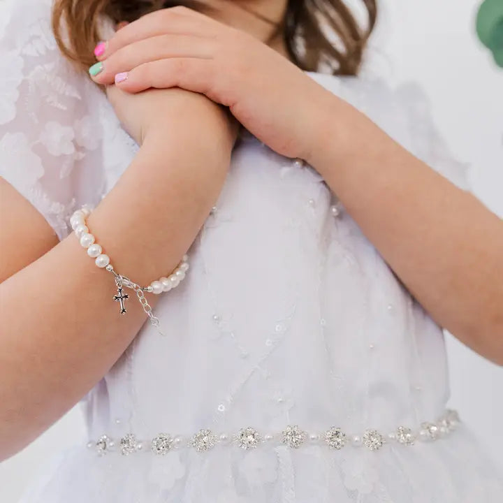 Girls Silver Pearl Cross Baby Baptism and Communion Bracelet - Olivia