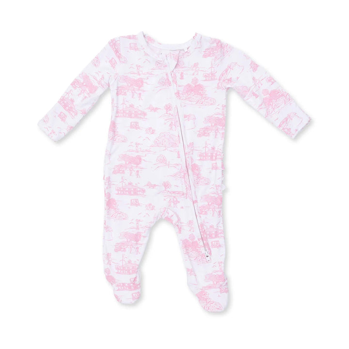 Golf Toile Pink 2 Way Ruffle Back Zipper Footie