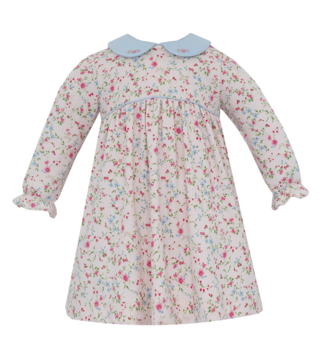 Pink Floral Knit Dress w/ Light Blue Collar Long Sleeve