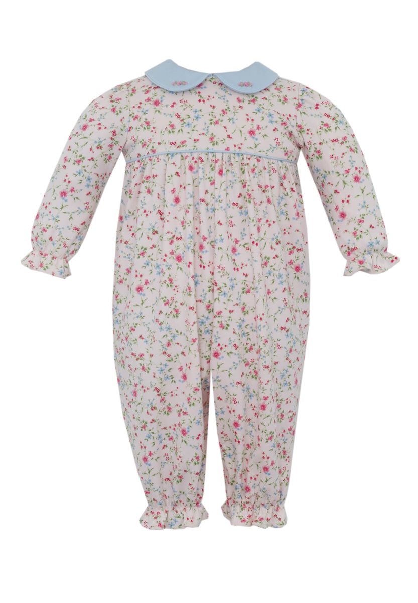 Pink Floral Knit Girl's Long Romper w/ Light Blue Collar Long Sleeve