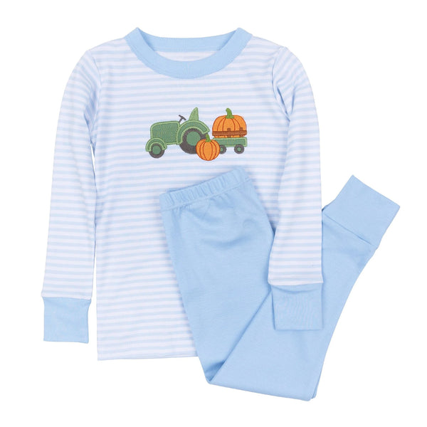 Pumpkin Tractor Applique Long Pajamas - Light Blue