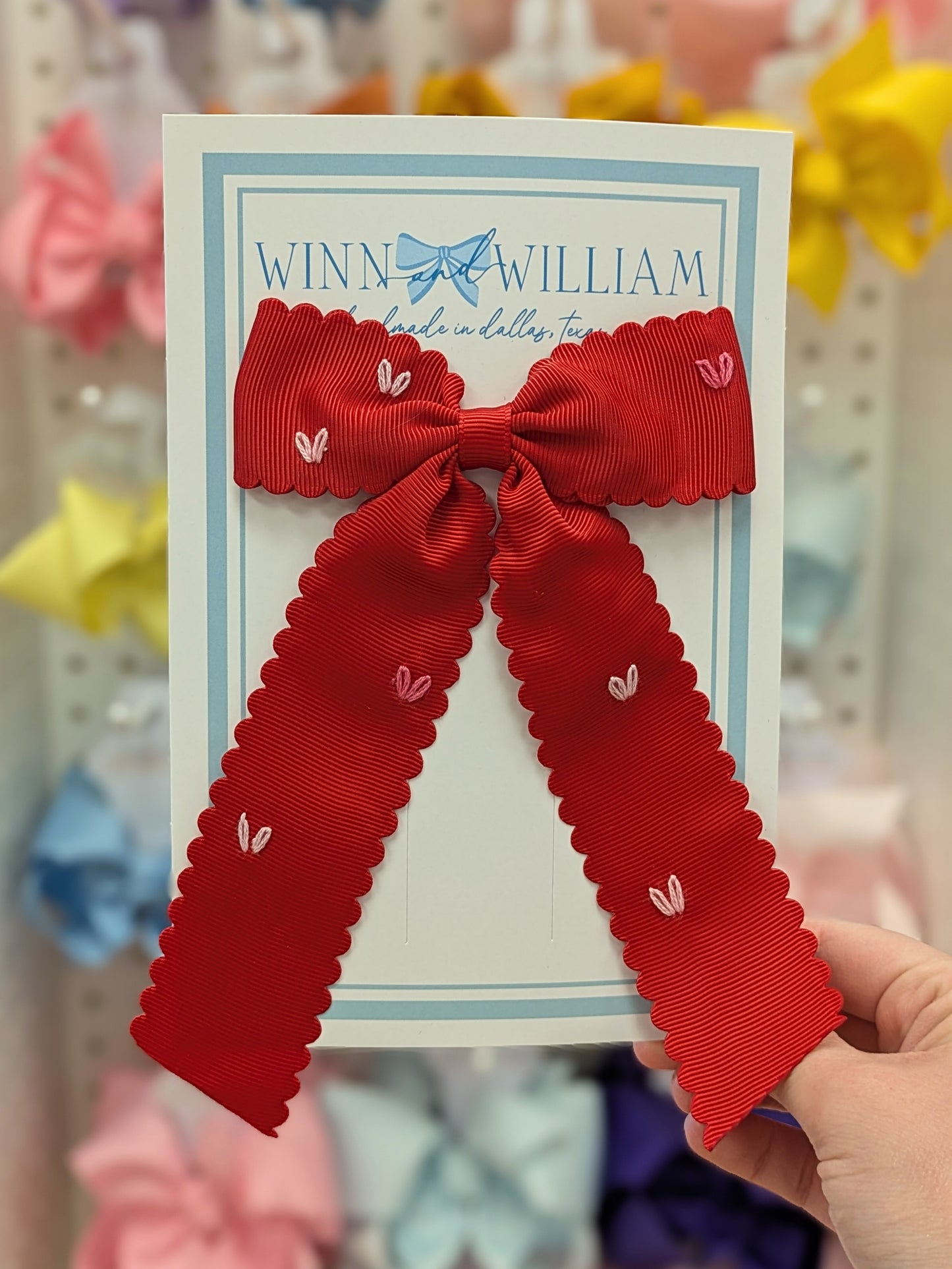 Medium Red Scallop Hearts Long Tail Bow