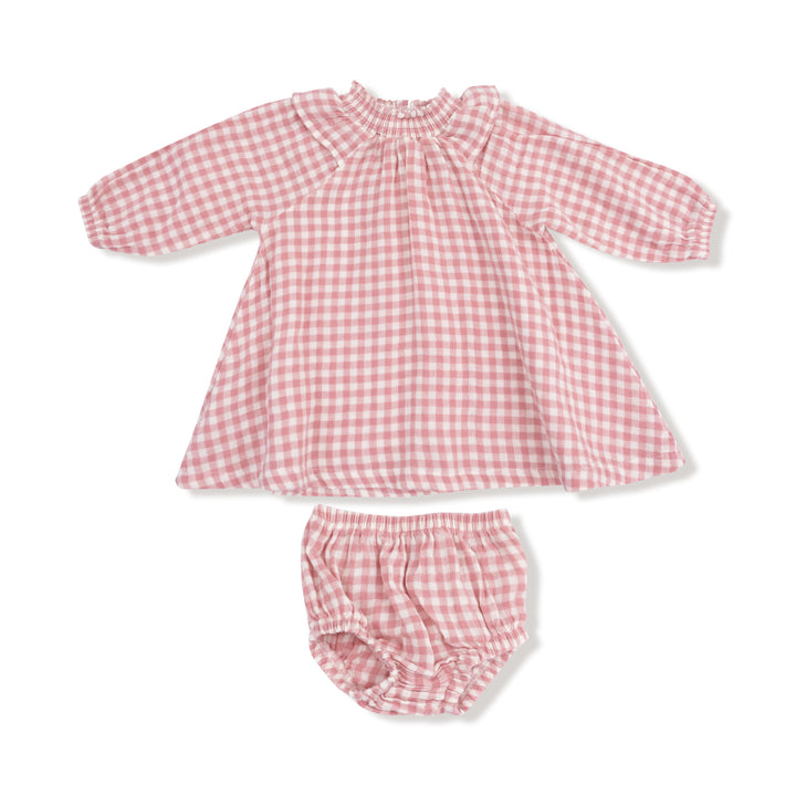 Rose Pink Plaid - L/s Ruffle Smocked Neck Dress + Diaper Cover
