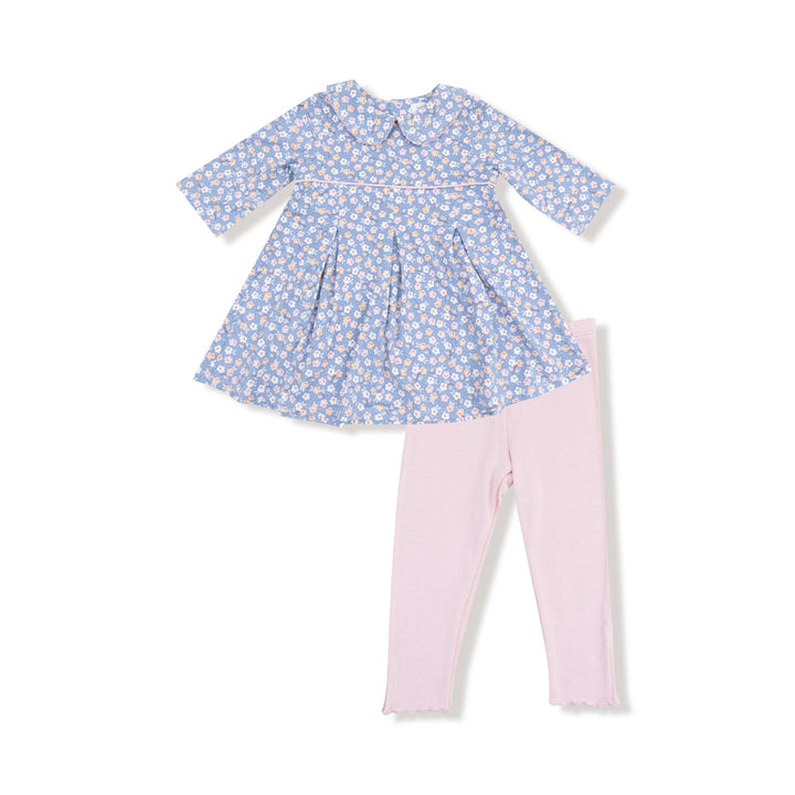 Country Calico - Box Pleat Dress W/ 3/4 Sleeve + Peterpan Collar & Rib Leggings
