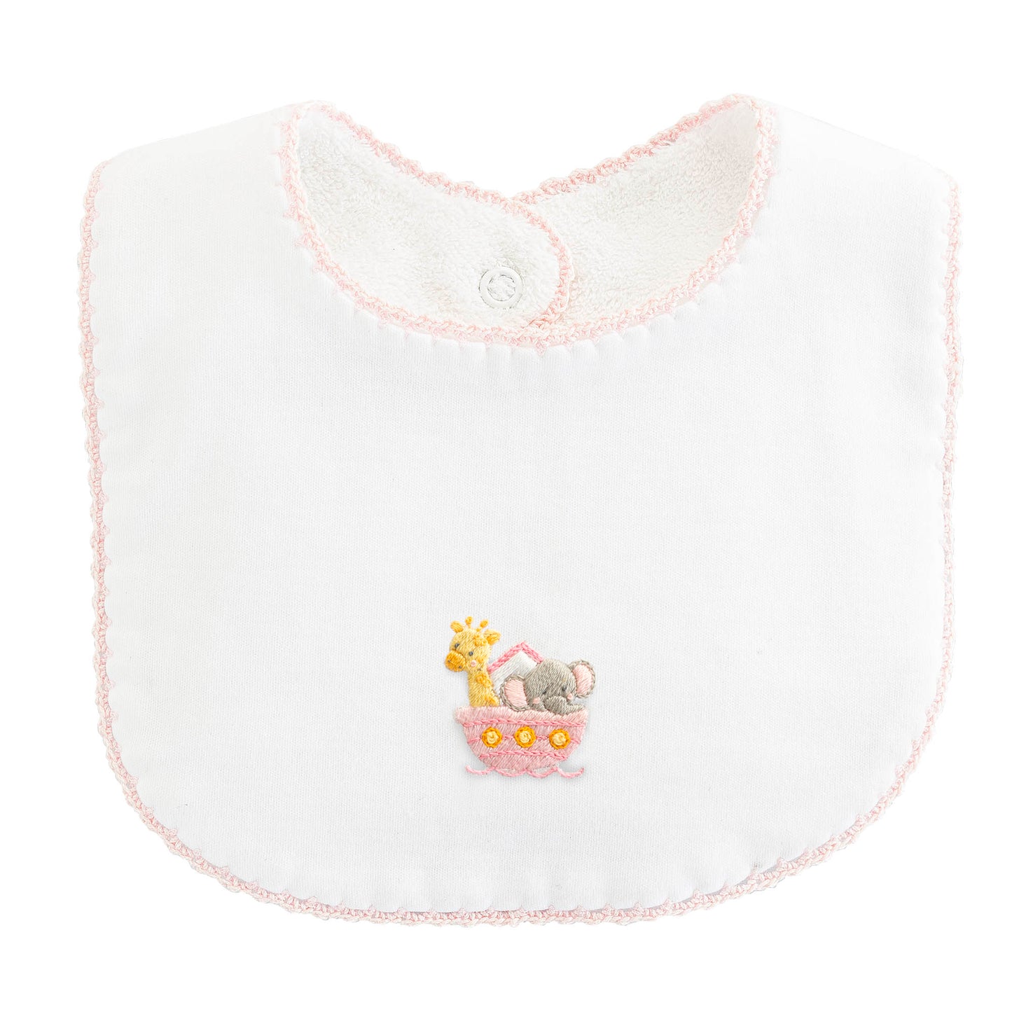 Noah's Ark - Pink Bib w/ Crochet Trim
