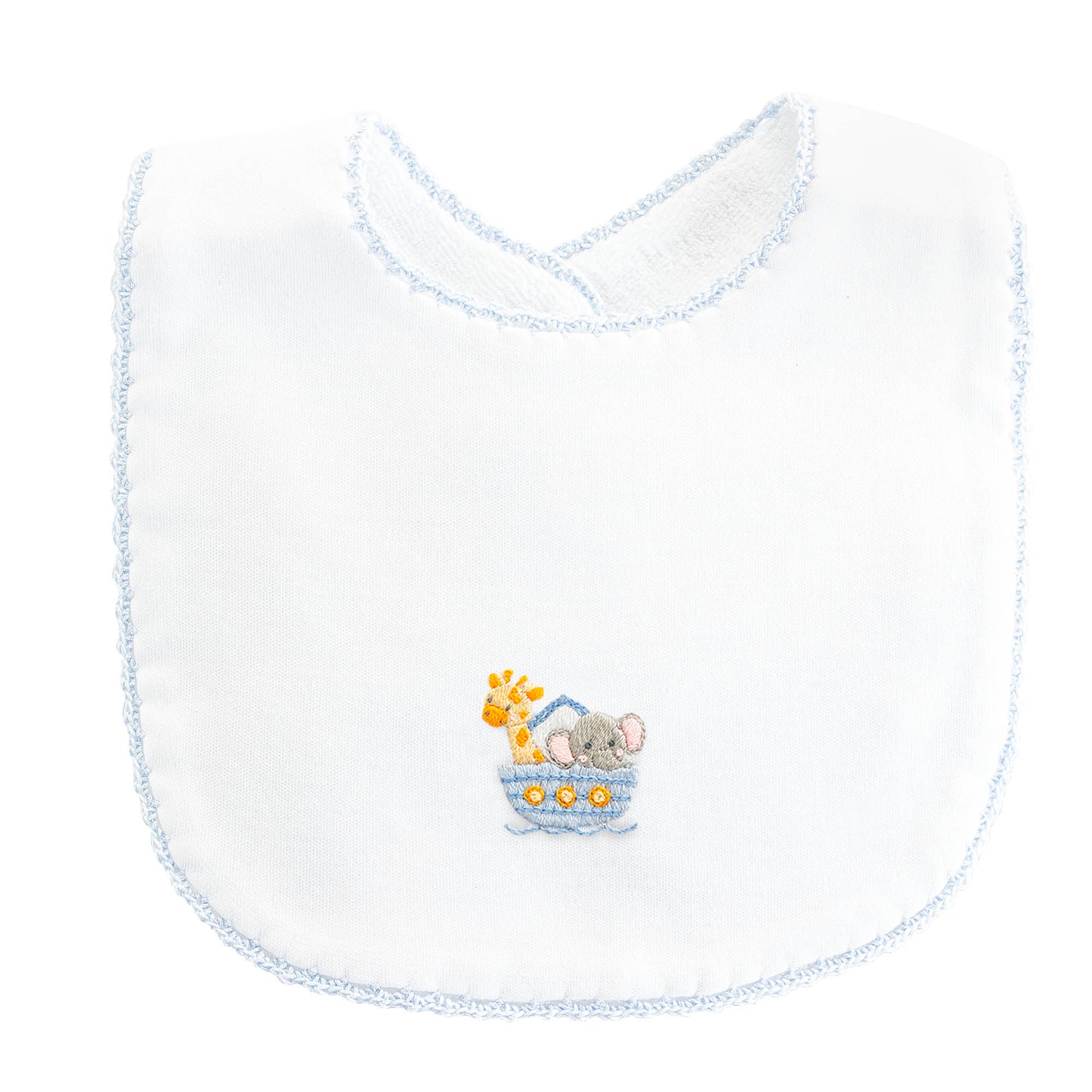 Noah's Ark - Blue Bib with Crochet Trim