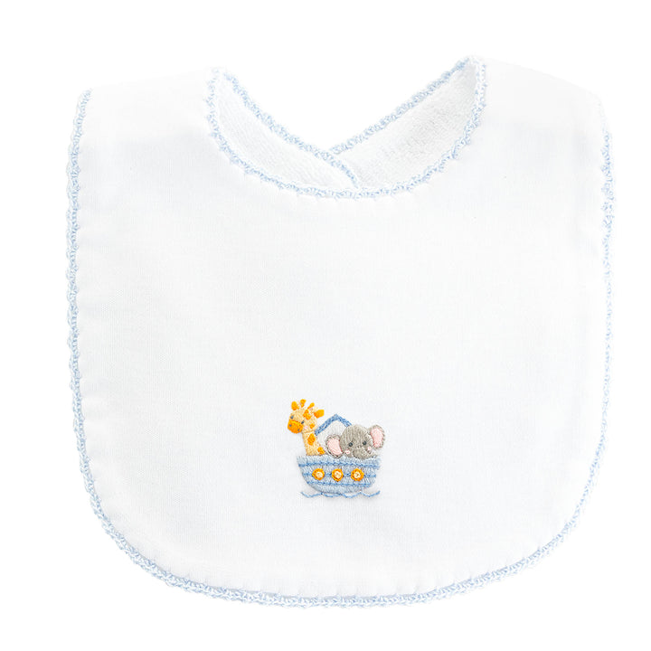 Noah's Ark - Blue Bib with Crochet Trim