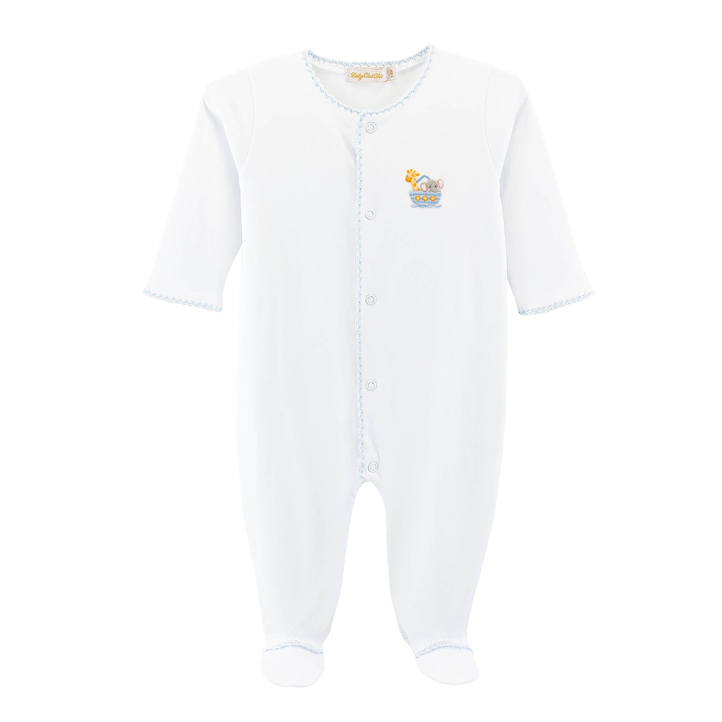 Noah's Ark - Blue Footie with Crochet Trim