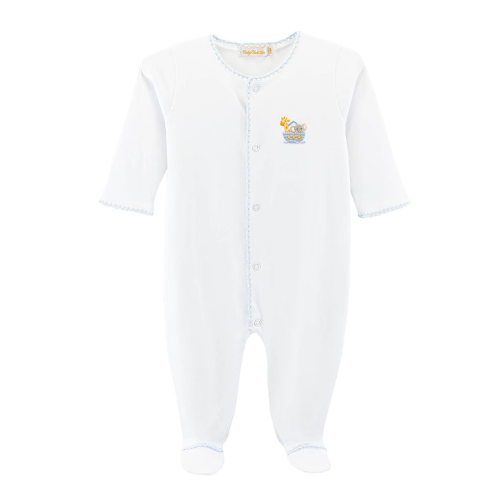 Noah's Ark - Blue Footie with Crochet Trim