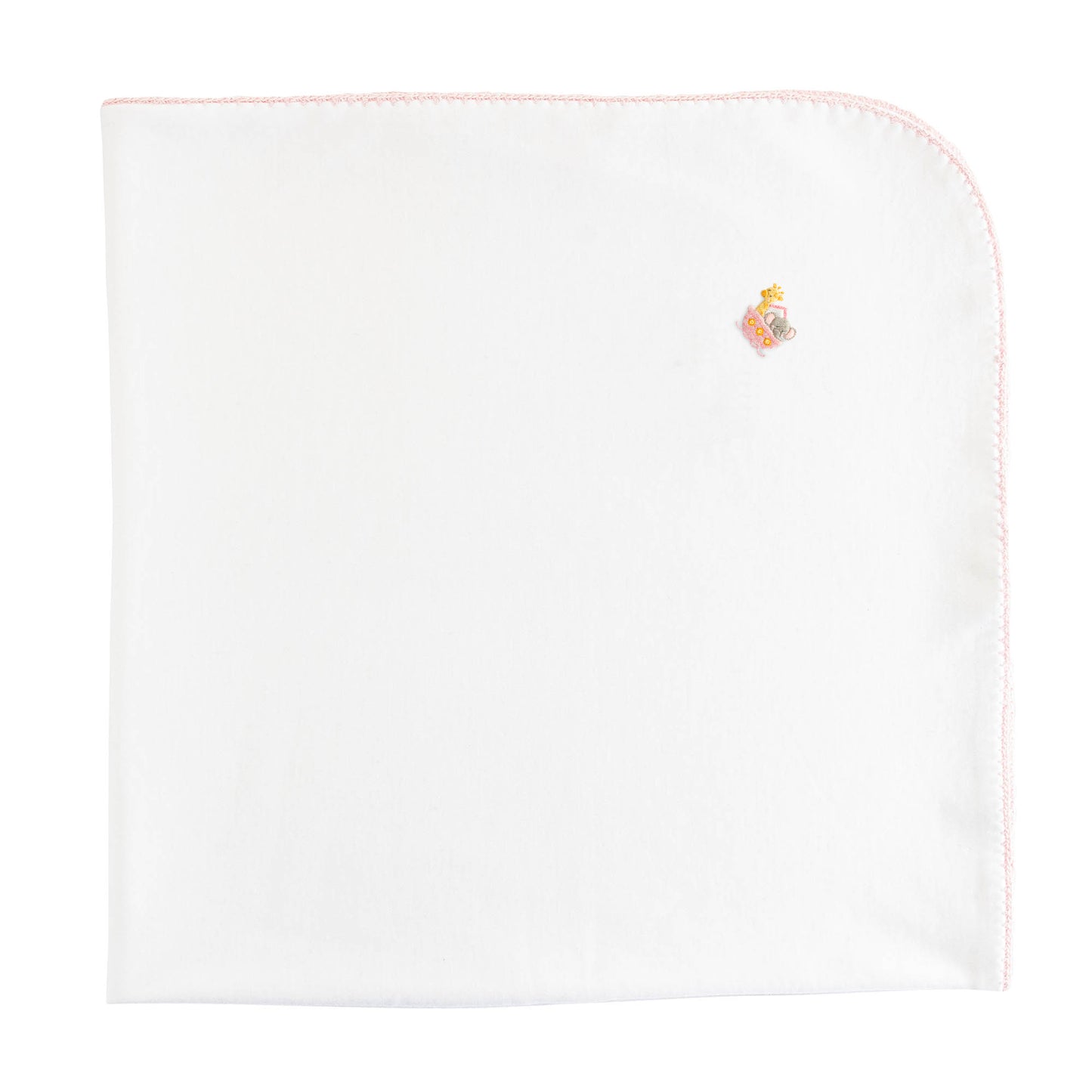 Noah's Ark - Pink Embroidered Receiving Blanket with Crochet Trim