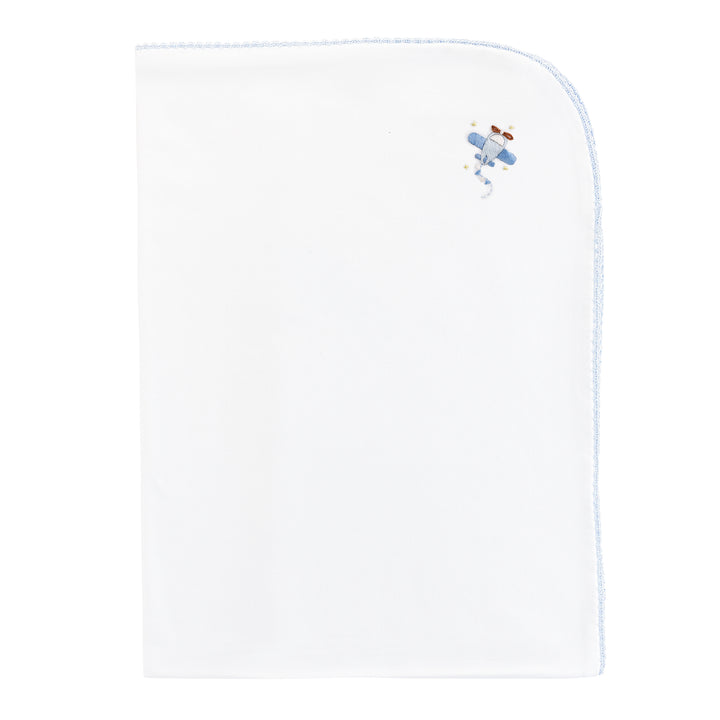 Sky Adventure Embroidered Receiving Blanket with Crochet Trim