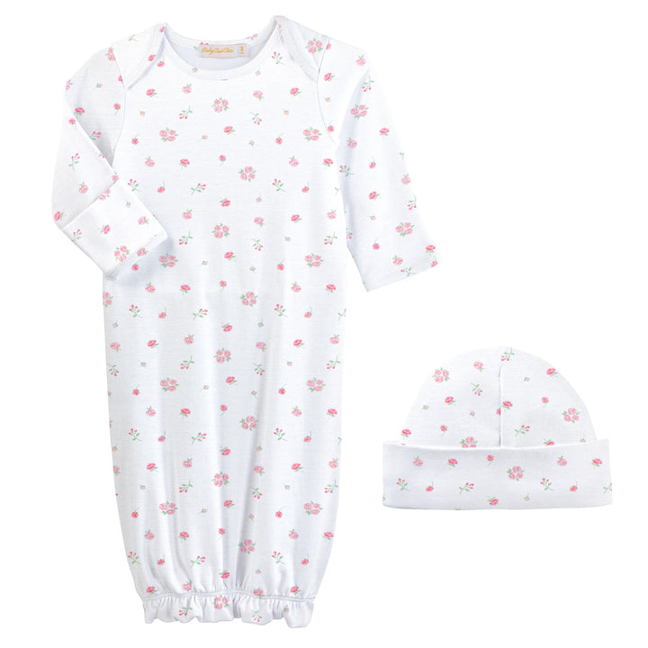 Tiny Rosebud Printed Pima Gown & Hat Set