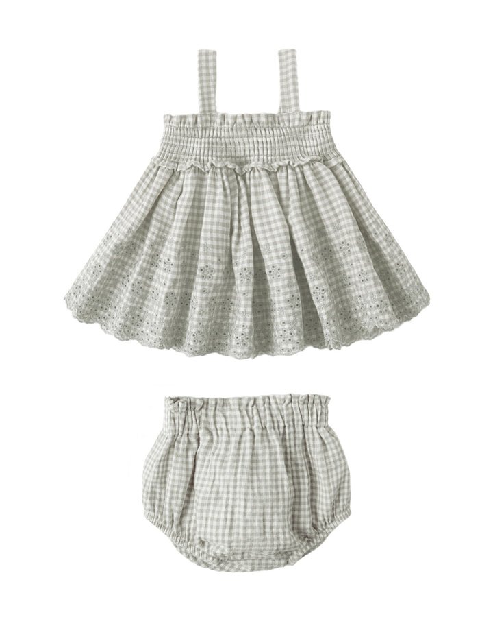 Mae Smocked Top + Bloomer Set Sage Gingham