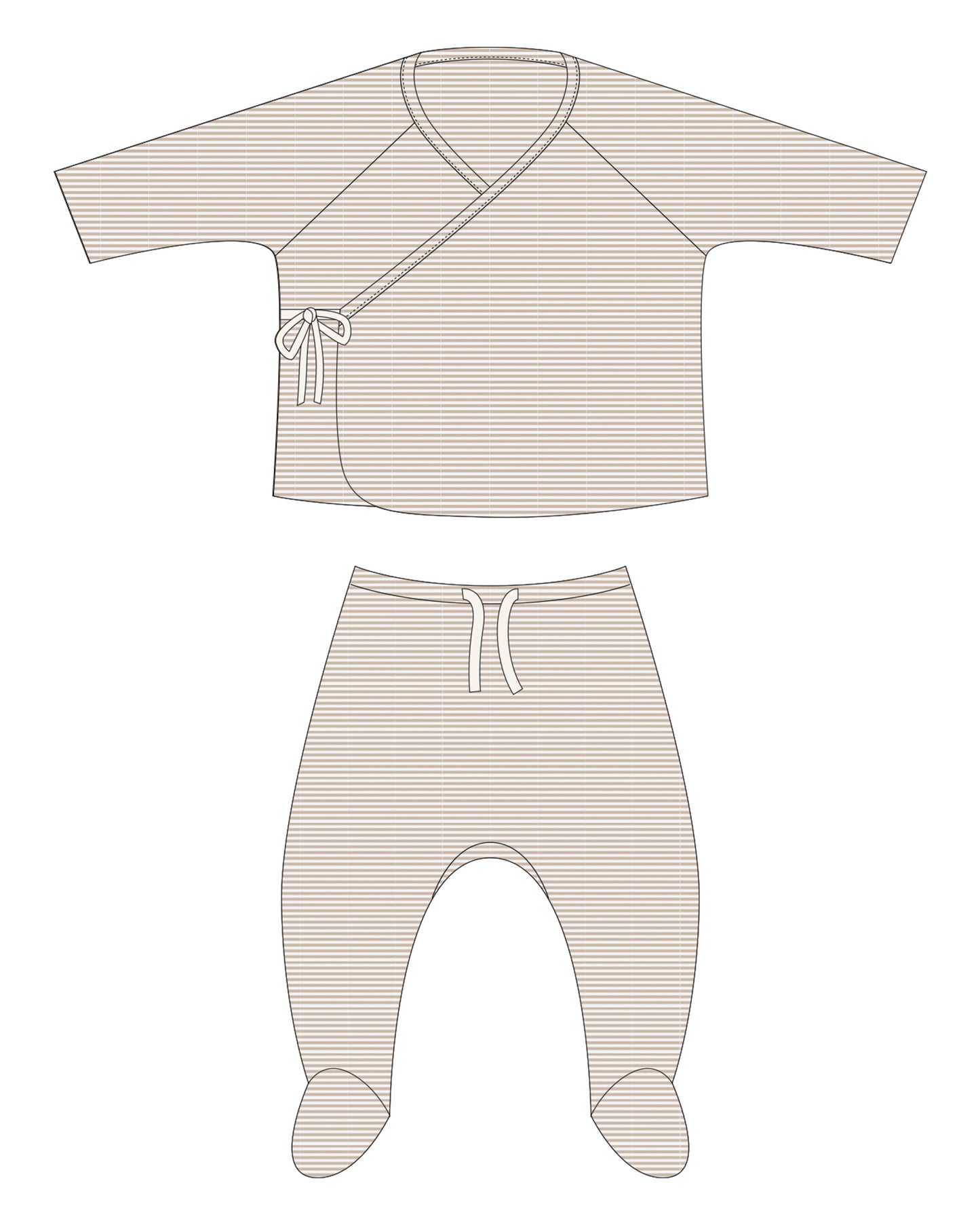 Wrap Top + Footed Pant Set - Oat Micro Stripe