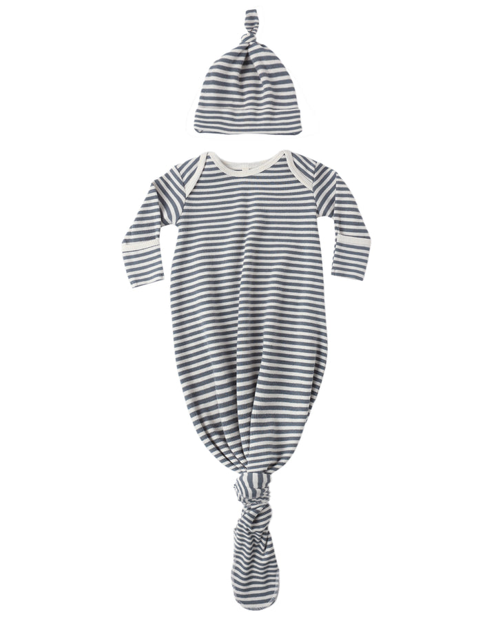 Knotted Baby Gown + Hat Set - Ocean Stripe