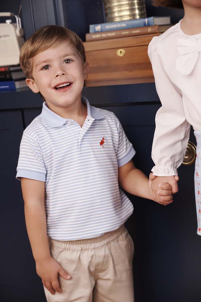 Prim & Proper Polo - Beale Street Blue Stripe with Richmond Red Stork