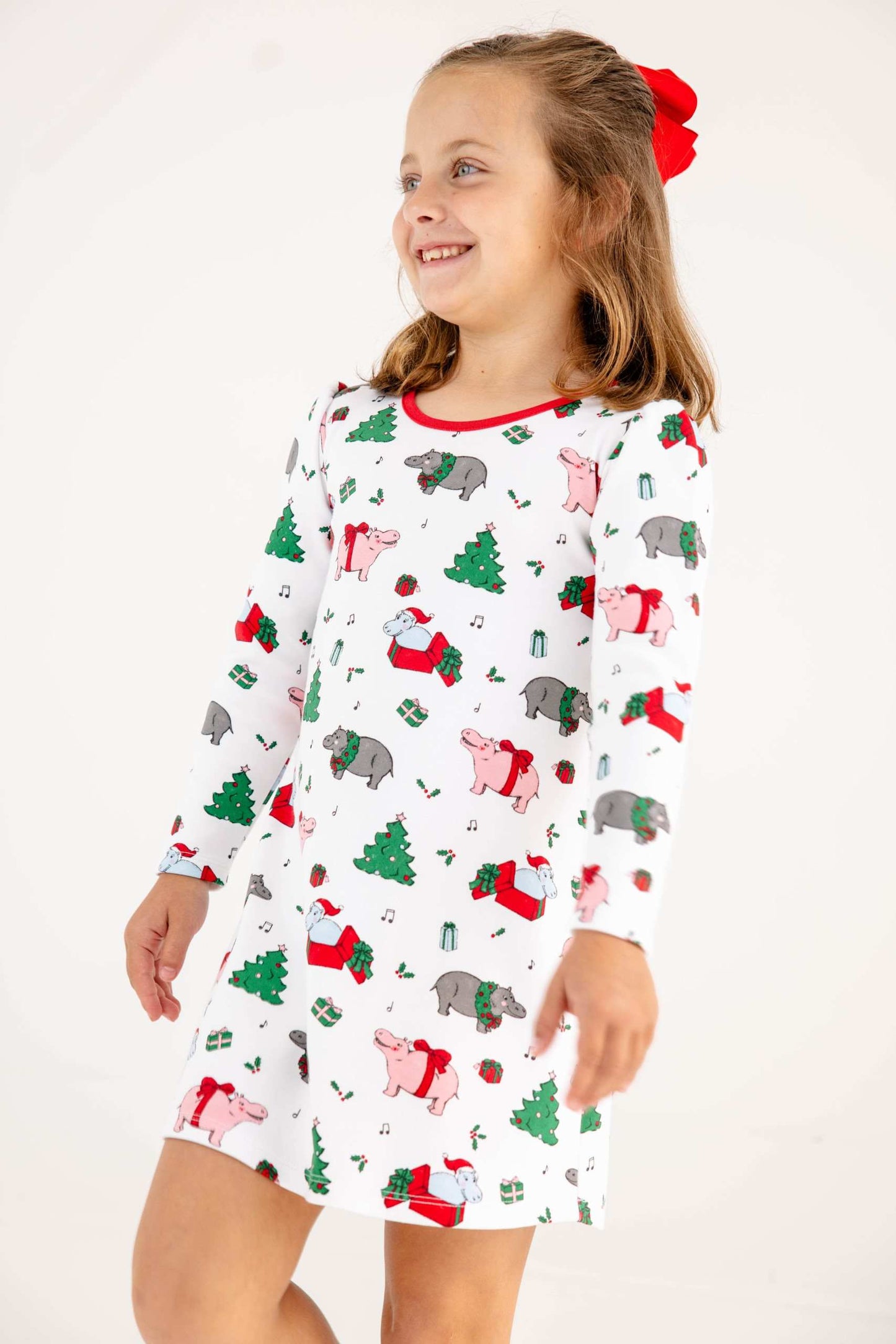 Long Sleeve Penny's Play Dress - Heavy Weight - I Want a Hippopotamus/Richmond Red