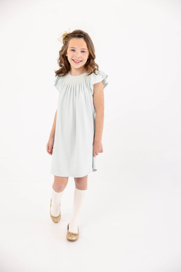 Angel Sleeve Sandy Smocked Dress Pima - Old Greenwich Green/Palmetto Pearl/Keeneland Khaki
