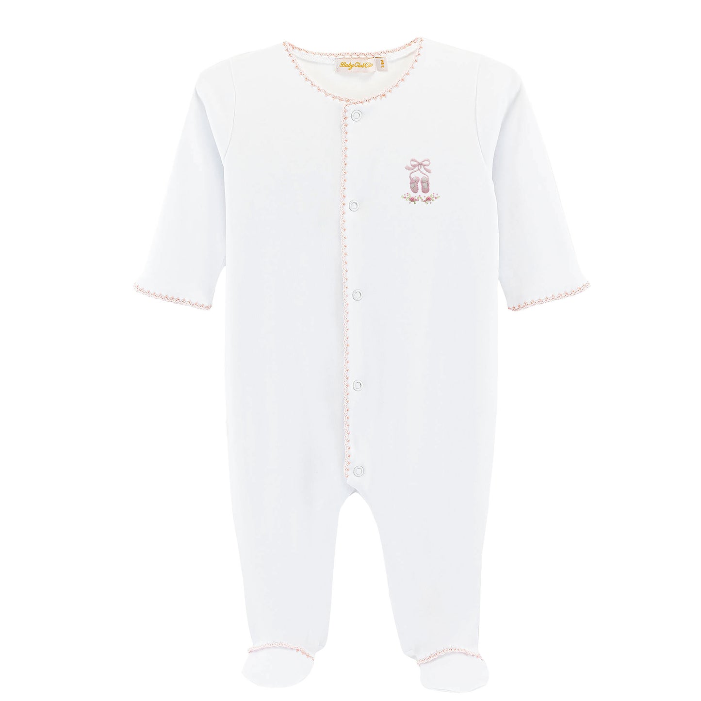 Sugarplum Steps Embroidered Footie with Crochet Trim
